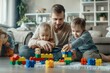 © Sachin - Family, single parent concept. Happy single father and little sons playing with toy blocks at home, Generative AI