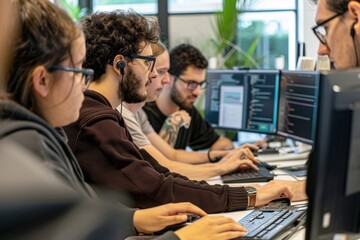 Diverse group of professionals meeting in office. IT programmers use computer, talk strategy, Generative AI