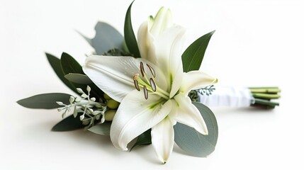 Grooms boutonniere with a white lily and greenery, isolated on a white background, showcasing the arrangement