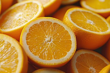 Close-up view of fresh orange slices with water droplets on an orange background. Orange banner. Orange background. Close-up food photography