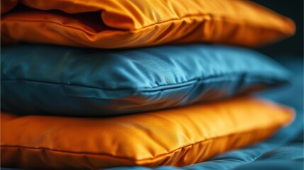 Wall Mural -  A pile of pillows atop a blue and yellow pillowcase on a bed