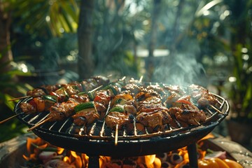 Wall Mural - Grilled meat with vegetables and spices on a dark background. Baked meat and tomato. Delicious dish. Meat with spices and sauce.