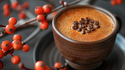 Wall Mural -   A photo of a coffee cup with berries nearby and a tree behind it