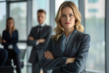 Canvas Print - A woman in a business suit stands in front of a group of people, generative ai image.