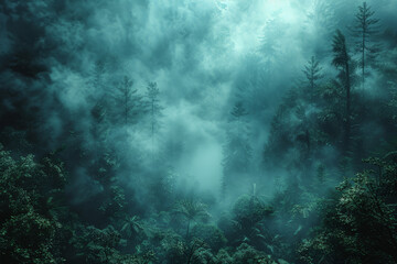 Wall Mural - A dense fog enveloping a quiet forest, creating a mysterious atmosphere. Concept of nature and mystique. Generative Ai.