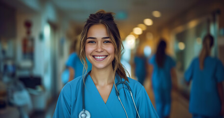 Wall Mural - Young Hispanic, Latina woman, nursing medical student, standing in hospital hallway, copy space