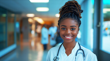 young african-american woman, physician medical student, standing in hospital hallway, copy space