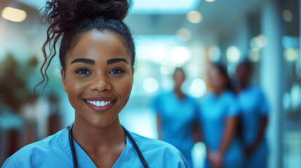 Wall Mural - Young Black woman, nursing medical student, standing in hospital hallway, copy space