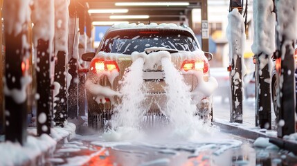 Car wash concept Cleaning car with soap and foam Hand washing car Auto car wash with white soap and foam on the body AI Generated