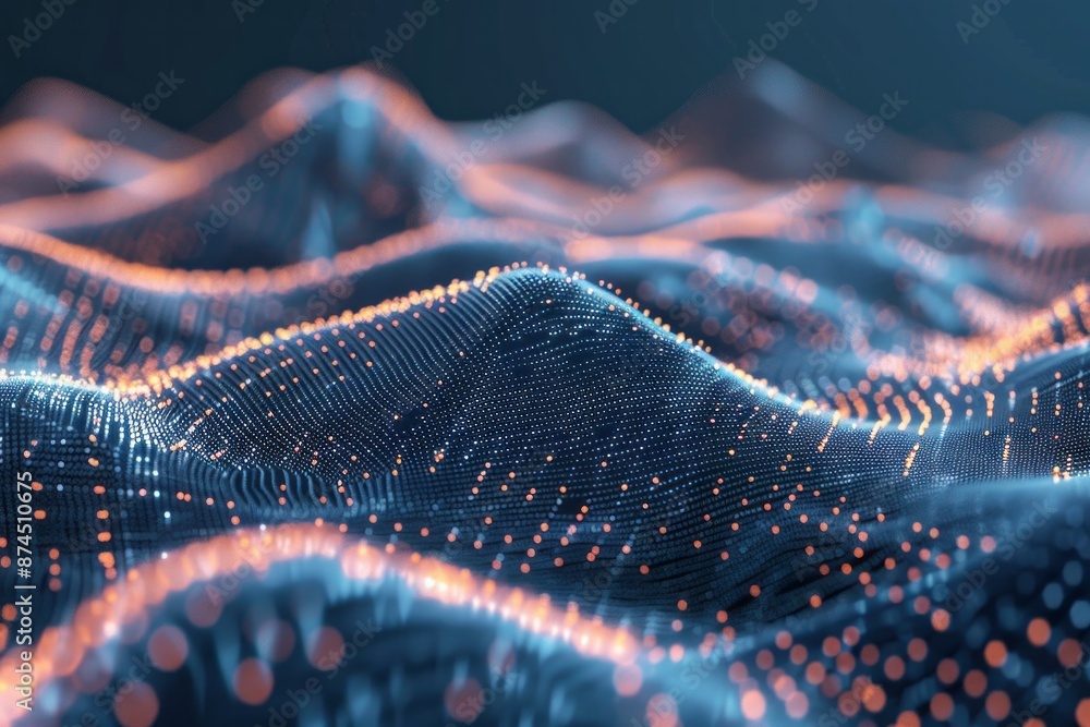 Abstract dark blue mesh gradient with glowing green curve lines pattern ...
