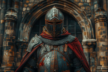 Wall Mural - A medieval knight in armor standing at a castle gate. Concept of history and valor. Generative Ai.