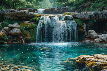 Canvas Print - A peaceful waterfall cascading into a clear pool. Concept of natural tranquility and beauty. Generative Ai.