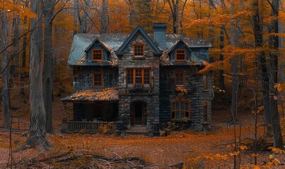 Wall Mural - isolated mansion surrounded by trees deep in the forest, interesting colors, interesting lighting, interesting perspective,