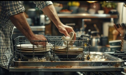 Wall Mural - man puts a dirty dish in the dishwasher