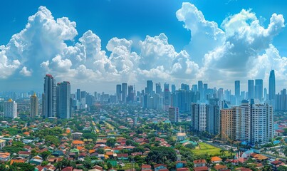 Wall Mural - Modern cityscape with skyscrapers, bright blue sky with fluffy white clouds