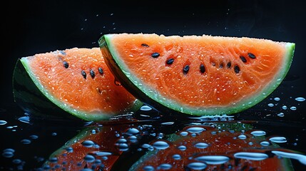   Black background with two watermelon slices and droplets of water