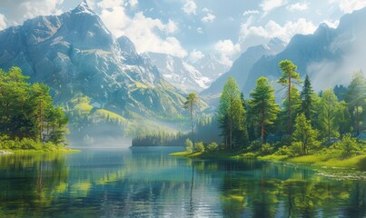 Wall Mural - View of mountains lake