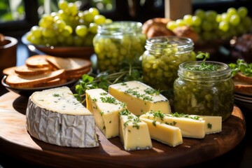 Wall Mural - cheese and bottle of oil and fresh leaves of greenery on a table by the window, a beautiful still life in an old country house, rural style