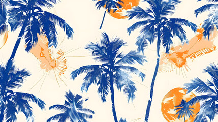 Wall Mural - A seamless pattern of palm trees and suns in electric blue on a white background. This artistic design showcases symmetry and creative arts