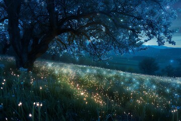 Wall Mural - A dreamy meadow where the grass glows with bioluminescence and trees whisper secrets