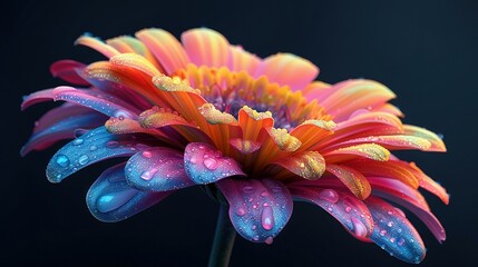 Wall Mural -   A macro image showcases a vibrant flower with dew on its petals, particularly on their tips