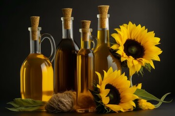 Wall Mural - Artistic still life of sunflower oil in glass bottles beside fresh sunflowers on a dark backdrop