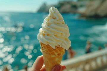 Poster - A person enjoying an ice cream cone on a hot summer day. Concept of sweet indulgence and satisfaction. Generative Ai.