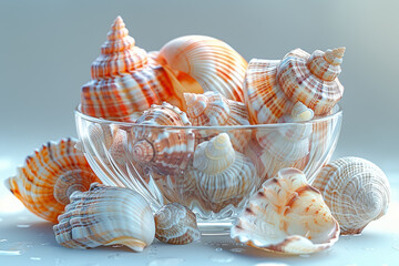 Wall Mural - A collection of seashells arranged in a glass bowl. Concept of seaside memories and simplicity. Generative Ai.