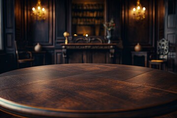 An empty round wooden table top in a dark vintage hall, a simple blur dark stylish background