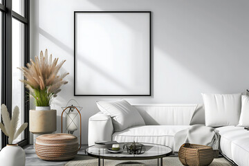 Home Interior with a white Frame Poster Mockup, Modern Interior Design, 3D Render, with ISO