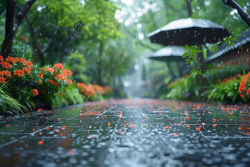 Canvas Print - Hailstones scatter across a garden, illustrating a sudden weather shift. Concept of unpredictable weather and natural impact. Generative Ai.