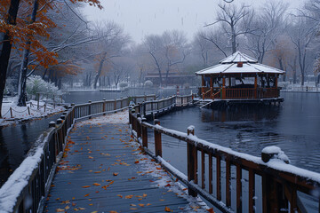 Poster - A gentle snowfall blankets a park, inviting quiet reflection. Concept of winter weather and tranquil scenes. Generative Ai.