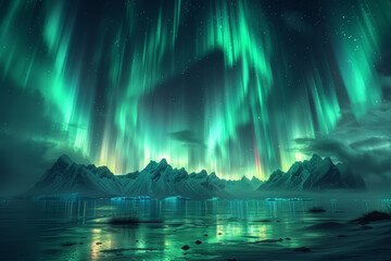 The northern lights dance across an arctic sky, showcasing auroras. Concept of polar weather and atmospheric displays. Generative Ai.