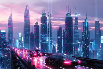 Wall Mural - A futuristic cityscape with autonomous vehicles zooming past neon-lit skyscrapers at twilight