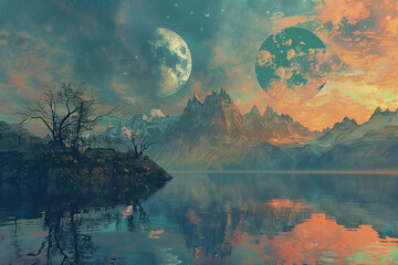 Wall Mural - A beautiful landscape with two moons and mountains in the background