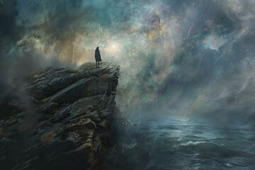 Wall Mural - A person stands on a rocky cliff overlooking a stormy ocean