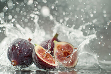 A bunch of purple figs are splashing in water