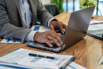 Wall Mural - Businessman working on laptop with document management icon,Businessman working modern compter Document Management System (DMS),Virtual online documentation database and process automation to efficien