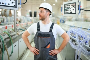 Wall Mural - Smiling and happy employee. Industrial worker indoors in factory. Young technician with hard hat