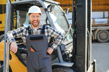 Wall Mural - Warehouse man worker with forklift