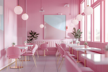 Wall Mural - Pink restaurant interior with chairs and tables in row, window and mockup frame