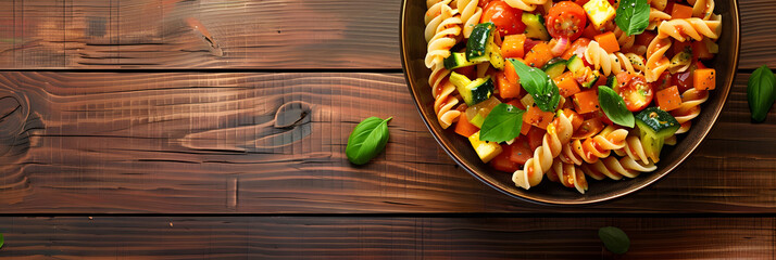 Poster - A top view of a warm appetizer snack for the menu concept featuring a healthy pasta salad with vegetables The image showcases the food with a background and sufficient copy space