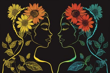 Sticker - Neon floral headpieces on women, digital art, vibrant and cultural, modern illustration.