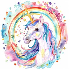 Wall Mural - Cute pink unicorn, rainbow watercolor children's.