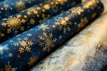 Wall Mural - A row of blue and gold snowflake wrapping paper