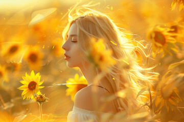 Wall Mural - A woman is standing in a field of yellow flowers