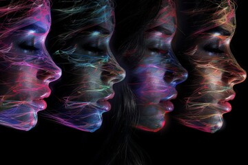 Sticker - Abstract neon profiles with flowing lines, digital art, vibrant and dynamic, modern illustration.