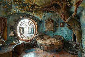 Wall Mural - A bedroom with a tree trunk as a headboard and a window with a view of the tree