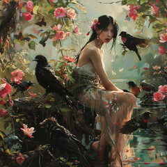 Wall Mural - A woman sits in a garden with birds and flowers