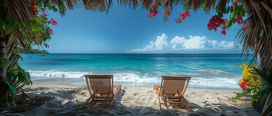 tropical beach with fine white sand and two sun loungers inviting repose, framed by the turquoise waves of the ocean and a sky painted with soft, billowing clouds